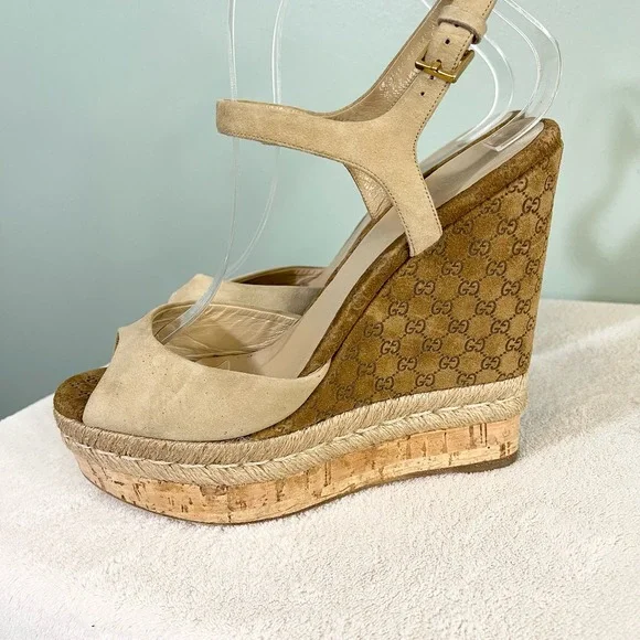 GUCCI Women's Tan GG Logo Platform Cork Wedge Espadrille Sandal Size 37.5 - Picture 10 of 13